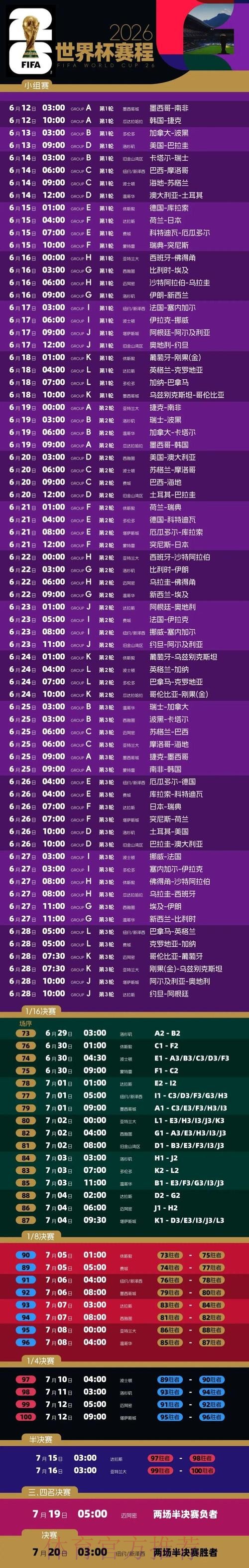 2026世界杯赛程时间表查询 2026世界杯赛程时间表查询